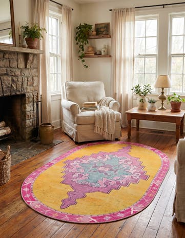 Yellow Washable Timeless Oval Rug