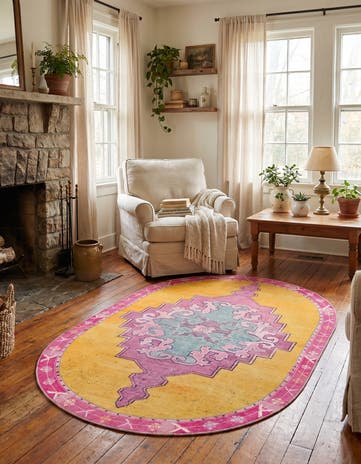 Yellow Washable Timeless Oval Rug