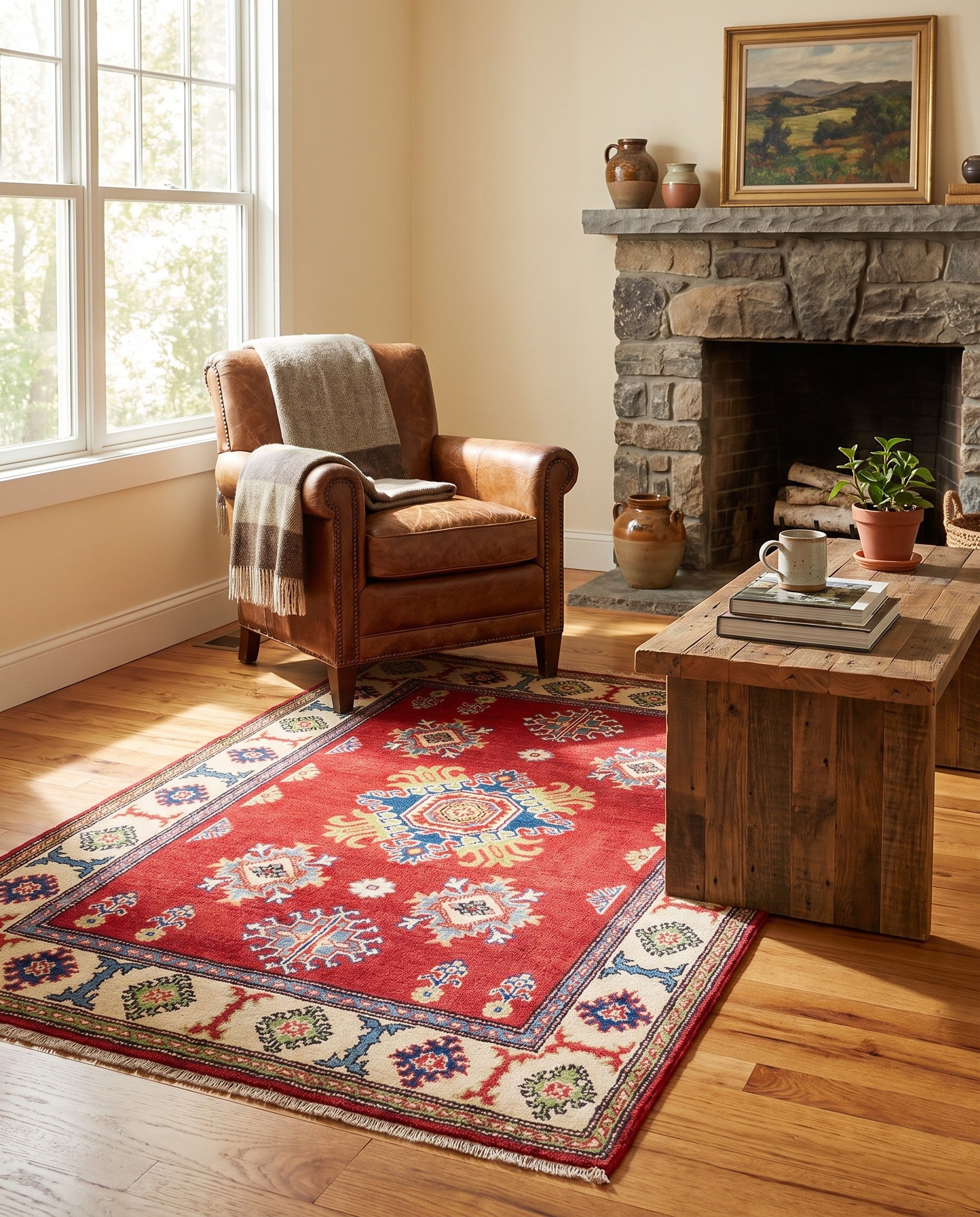 3' 4 x 4' 11 Hand Knotted Kazak Rug