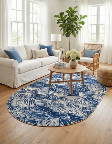 Navy Blue Blossom Oval Rug