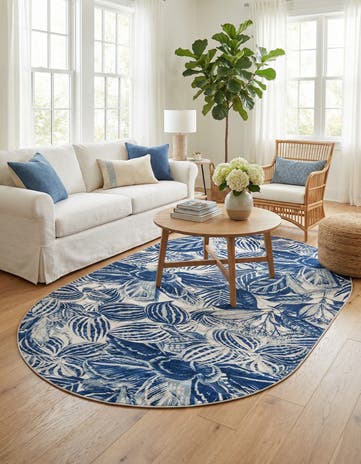 Navy Blue Blossom Oval Rug
