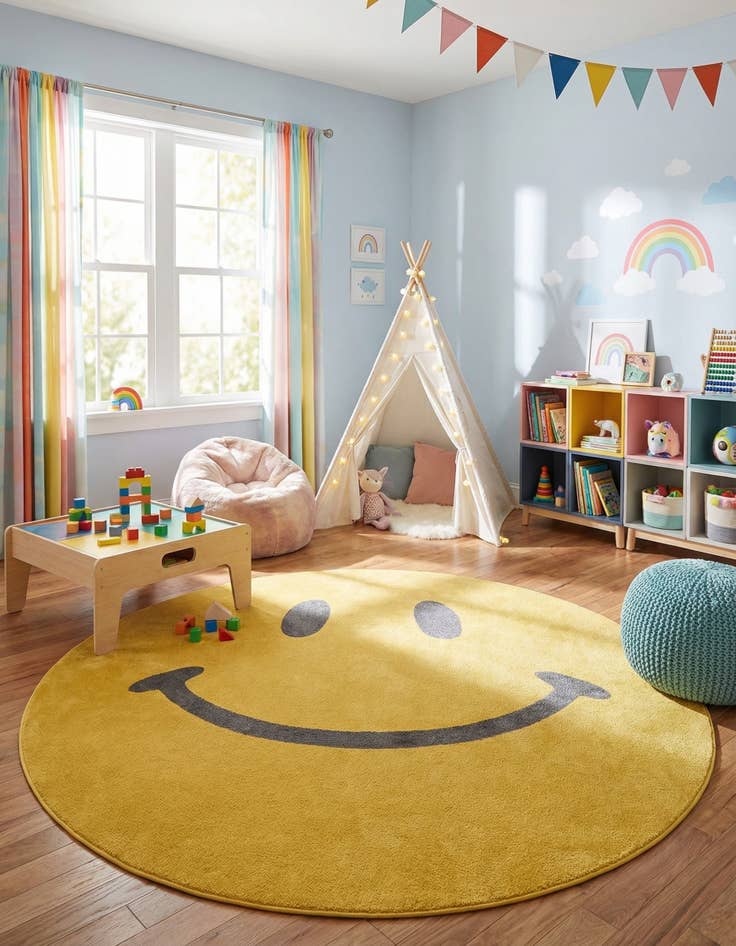 Detail image of 7' 10 x 7' 10 Smiley Face Whimsy Kids Round Rug