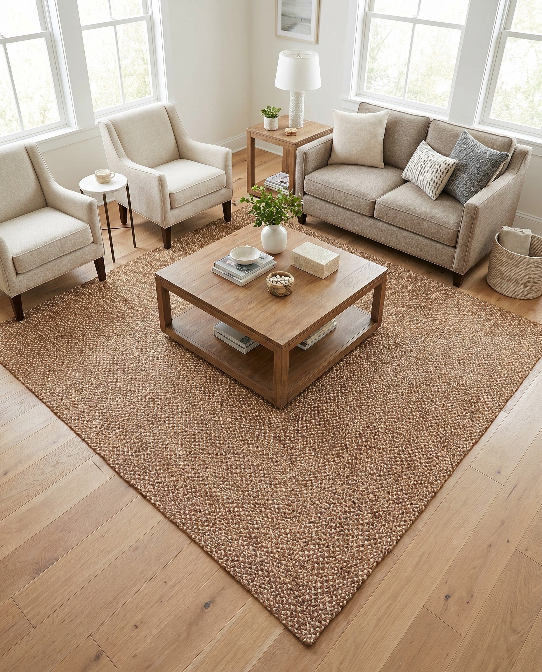 Light Brown Handmade Tweed Braided Jute Square Rug