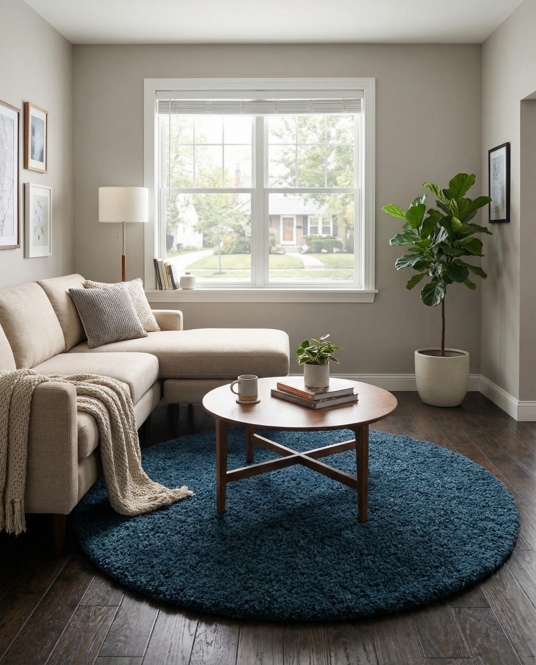 A 7' 10 x 7' 10 round navy blue shag rug, offering a plush, modern, and solid-colored texture.