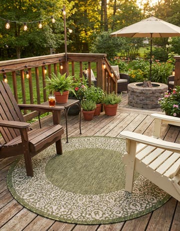 Green Easy-Clean Border Indoor / Outdoor Round Rug