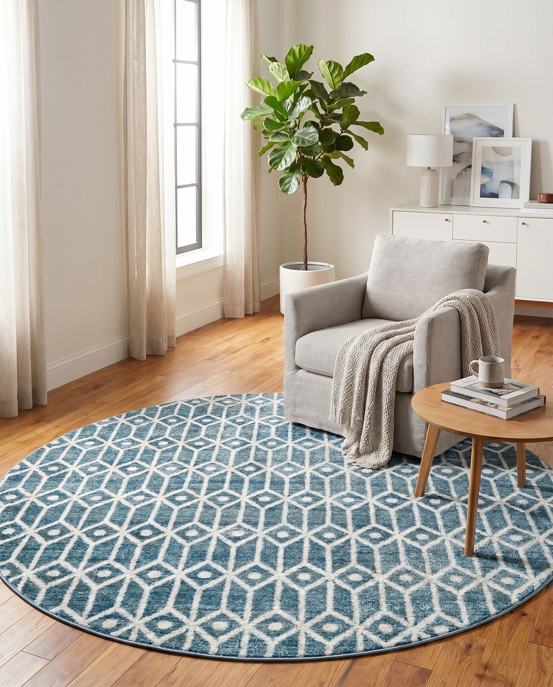 Blue Lattice Trellis Round Rug