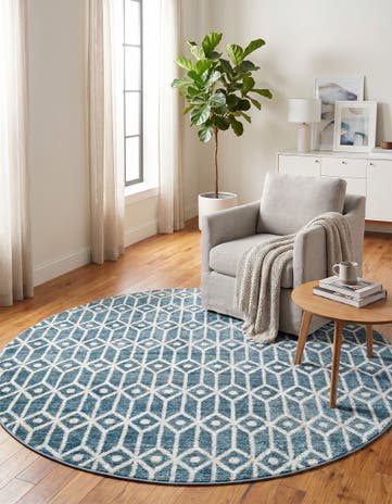 Blue Lattice Trellis Round Rug
