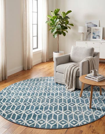 Blue Lattice Trellis Round Rug