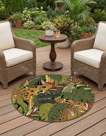 Green Easy-Clean Botanical Indoor / Outdoor Round Rug