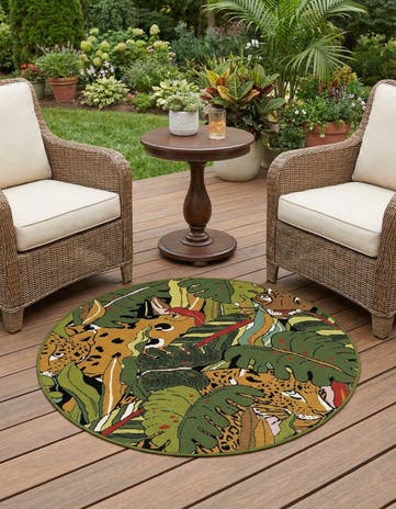 Green Easy-Clean Botanical Indoor / Outdoor Round Rug