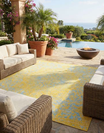 Yellow and Aqua Easy-Clean Jill Zarin Dubai Indoor / Outdoor Square Rug