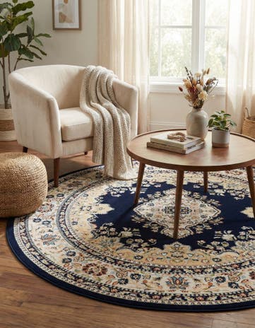 Navy Blue Nain Design Round Rug