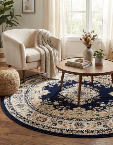 Navy Blue Nain Design Round Rug