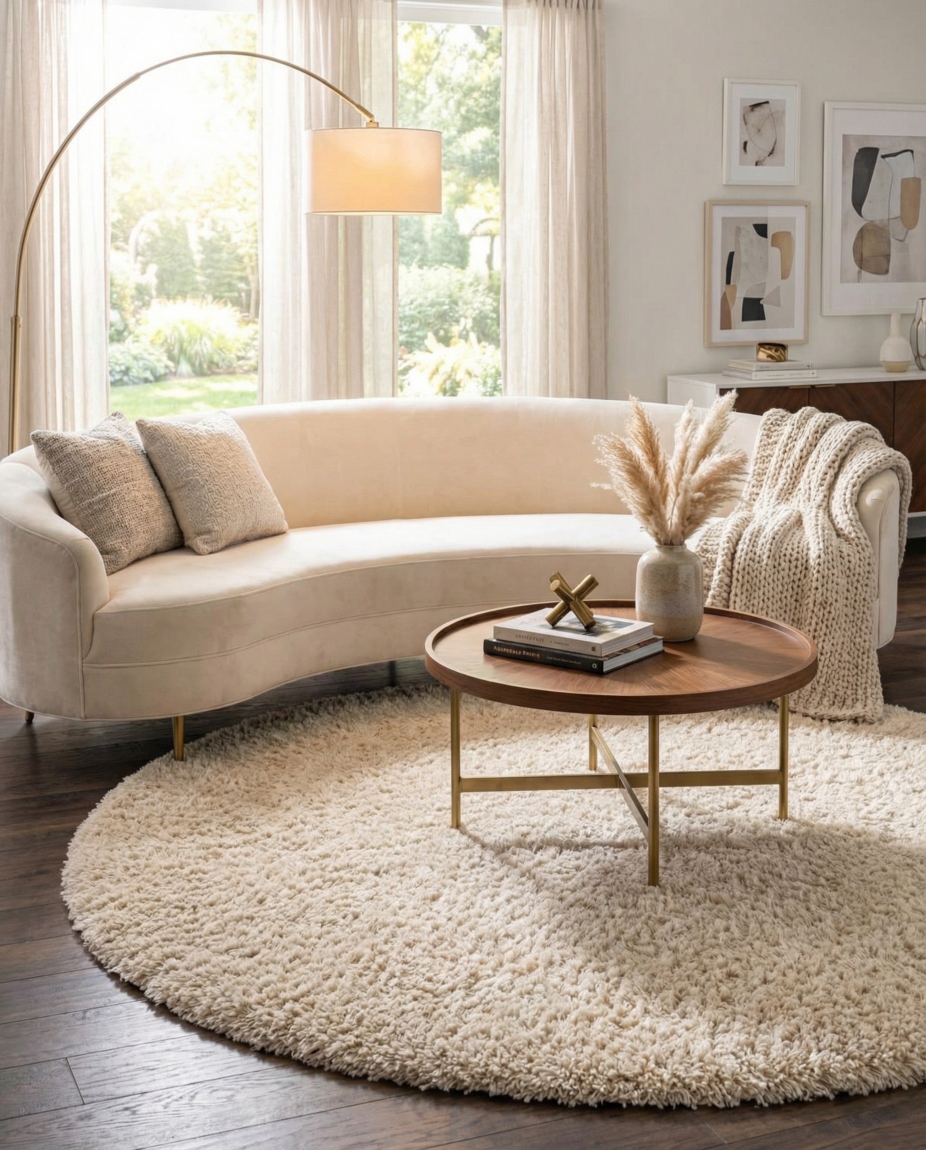 A plush, round ivory shag rug with a textured pile, perfect for adding cozy warmth to any indoor space.