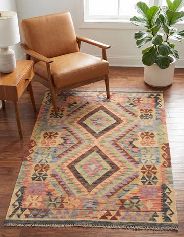3' 4 x 4' 10 Hand Woven Kilim Maymana Wool Rug