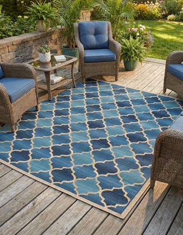 Blue Easy-Clean Trellis Indoor / Outdoor Square Rug