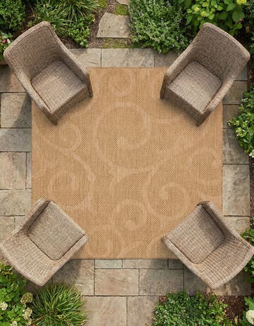 Brown Easy-Clean Botanical Indoor / Outdoor Square Rug