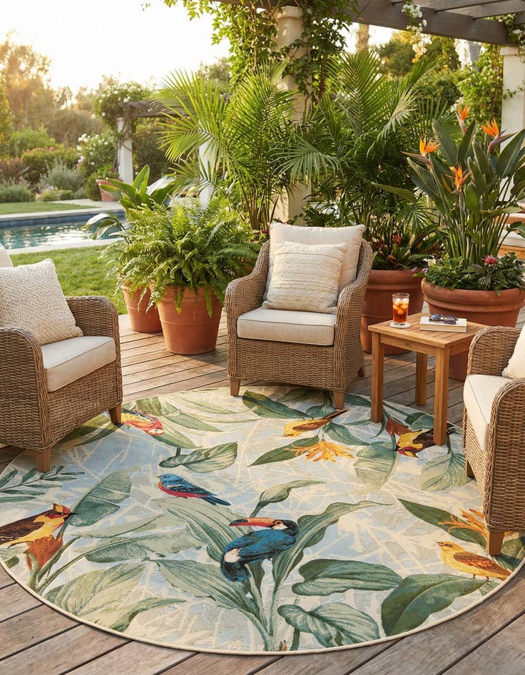 Detail image of 7' x 7' Easy-Clean Botanical Indoor / Outdoor Round Rug