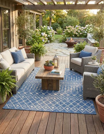 Blue Easy-Clean Lattice Indoor / Outdoor Rug