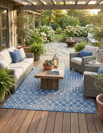 Blue Easy-Clean Lattice Indoor / Outdoor Rug