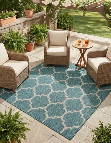 Teal Easy-Clean Lattice Indoor / Outdoor Square Rug