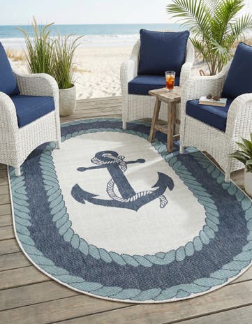 Navy Blue Easy-Clean Coastal Indoor / Outdoor Oval Rug