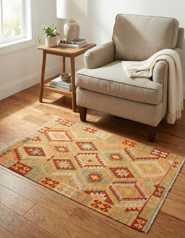 3' 2 x 4' 10 Hand Woven Kilim Waziri Wool Rug