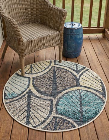 Gray Blue Ivory Easy-Clean Casablanca Indoor / Outdoor Round Rug