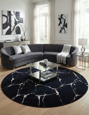 Navy Blue and Silver Vogue Geo Round Rug
