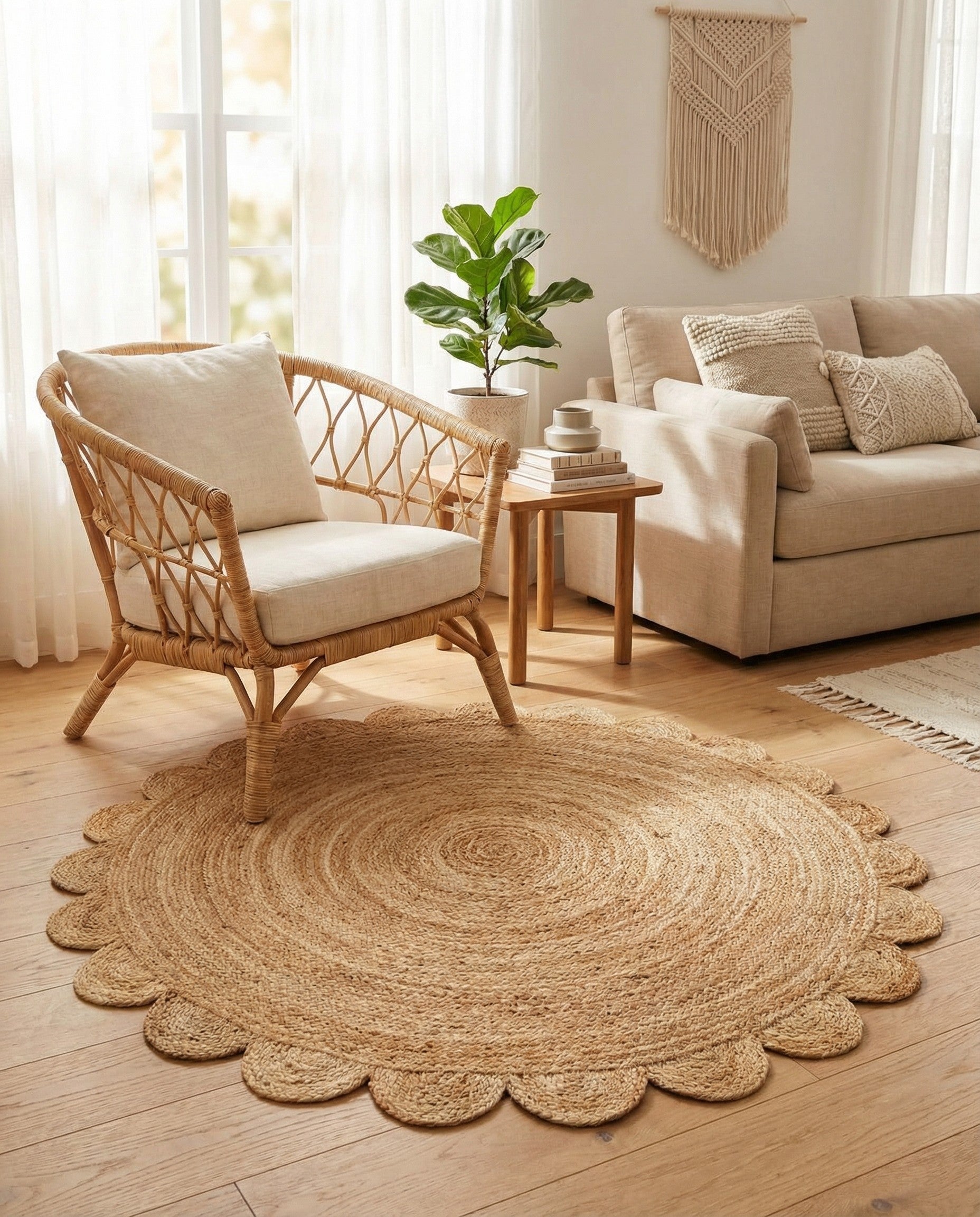5' 1 x 5' 1  Hand Woven Scallop Braided Jute Round Rug