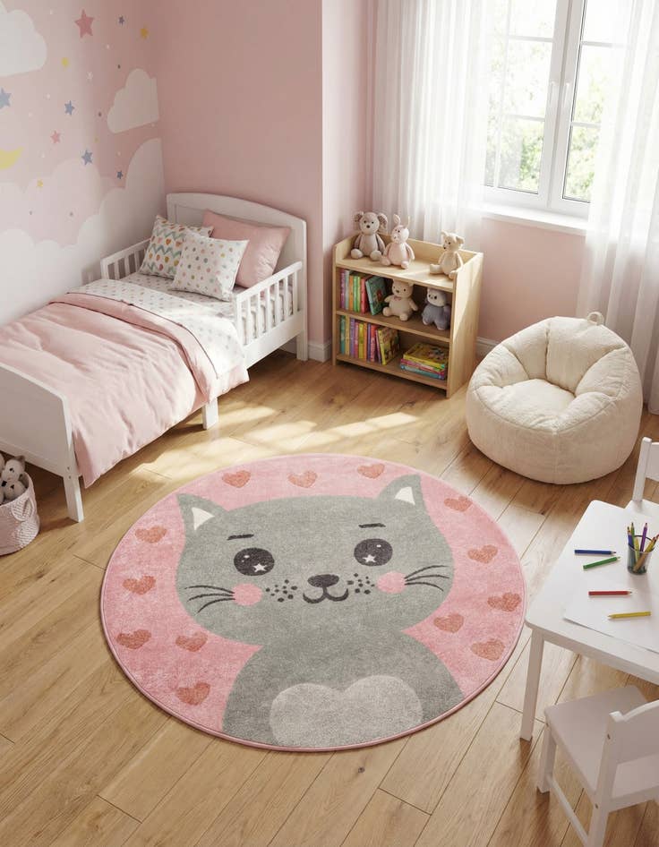 Detail image of 5' 3 x 5' 3 Cat Whimsy Kids Round Rug