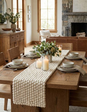 Ivory Hand Woven Felt Ball Wool Table Runner Rug