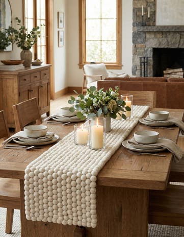 Ivory Hand Woven Felt Ball Wool Table Runner Rug