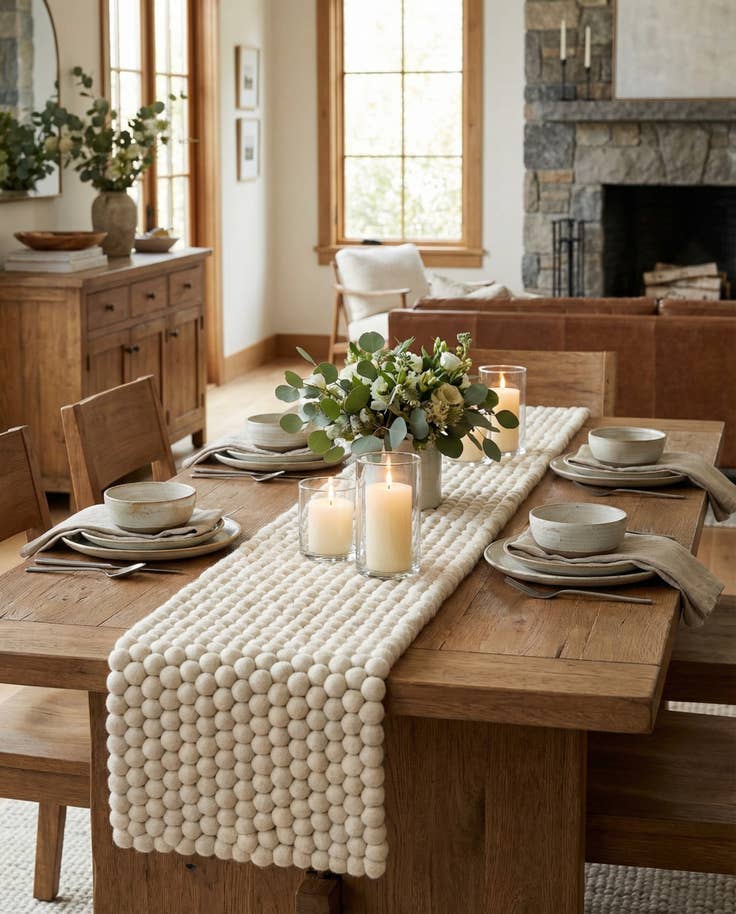 Detail image of 1' 2 x 8' Hand Woven Felt Ball Wool Table Runner Rug