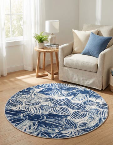 Navy Blue Blossom Round Rug