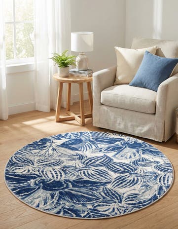 Navy Blue Blossom Round Rug