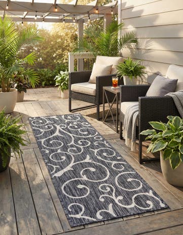 Charcoal Gray Easy-Clean Botanical Indoor / Outdoor Runner Rug