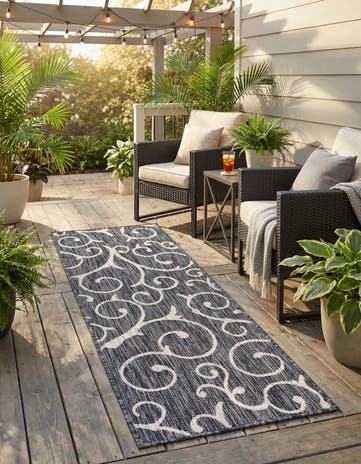 Charcoal Gray Easy-Clean Botanical Indoor / Outdoor Runner Rug