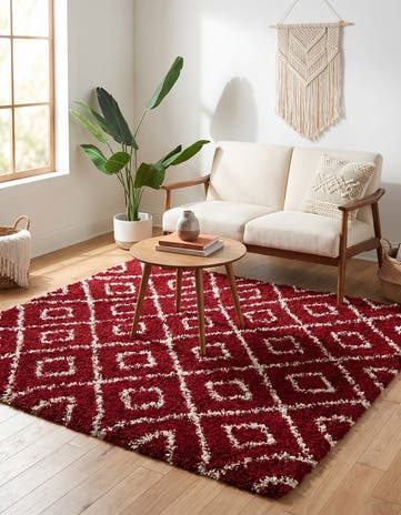 Burgundy Red Lattice Shag Square Rug