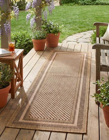Light Brown Easy-Clean Border Indoor / Outdoor Runner Rug