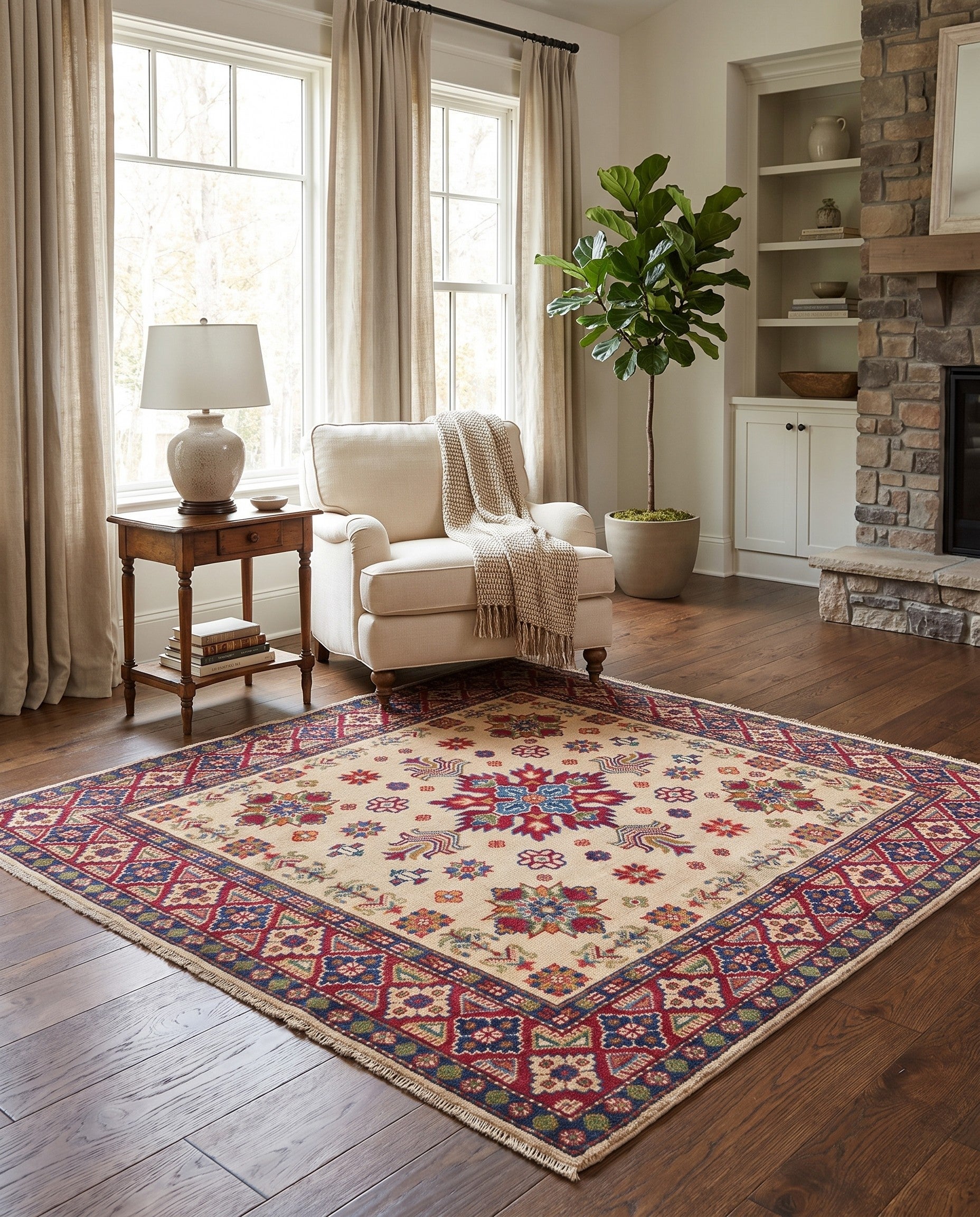 4' 10 x 4' 11 Hand Knotted Kazak Square Rug