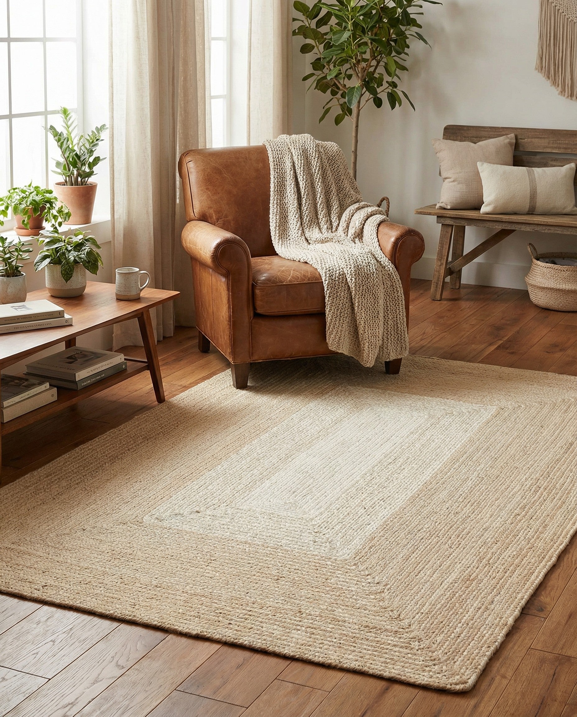 A 4x6 rectangular ivory wool rug with a hand-braided texture and a subtle rectangular border design, suitable for a living room.