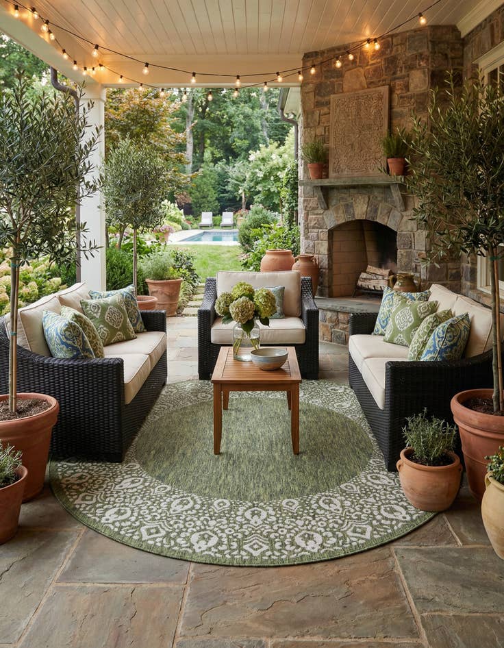 Detail image of 7' 10 x 7' 10 Washable Border Indoor / Outdoor Round Rug