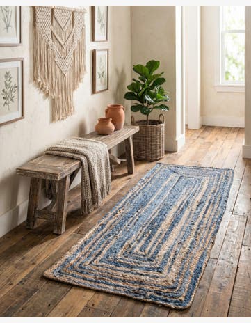 Blue and Natural Handmade Braided Chindi Runner Rug