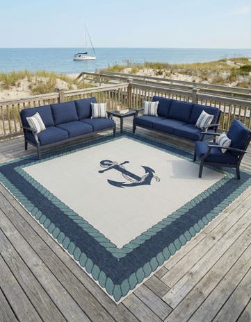 Navy Blue Easy-Clean Coastal Indoor / Outdoor Square Rug