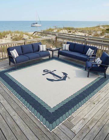 Navy Blue Easy-Clean Coastal Indoor / Outdoor Square Rug