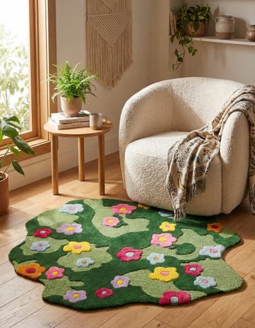 Green Happy Rugs Moss Funky Flower Wool Round