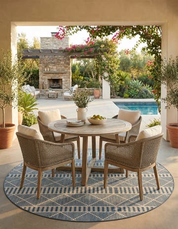 Blue Easy-Clean Lattice Indoor / Outdoor Round Rug