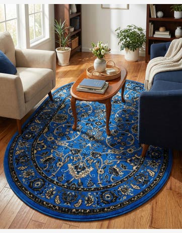 Dark Blue Kashan Design Oval Rug
