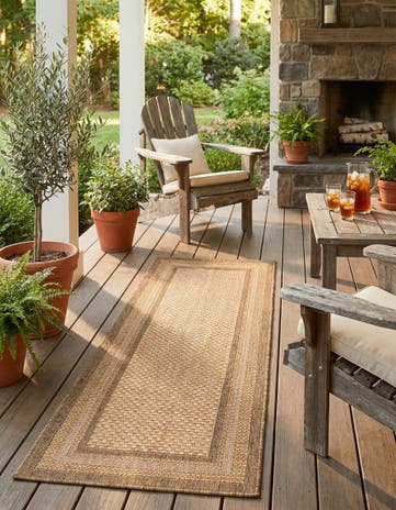 Tan Easy-Clean Border Indoor / Outdoor Runner Rug